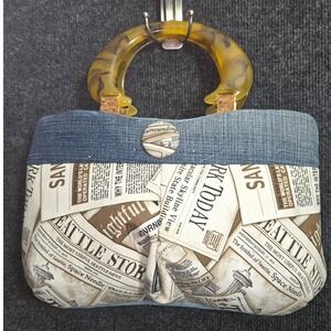 Bon'Ni'Lass Newspaper Print Denim Handbag Seattle Space Needle Tortoise Handle
